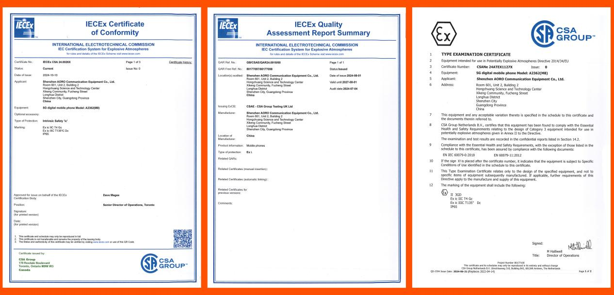 AORO M8 获国际IECEx及欧盟ATEX防爆认证证书